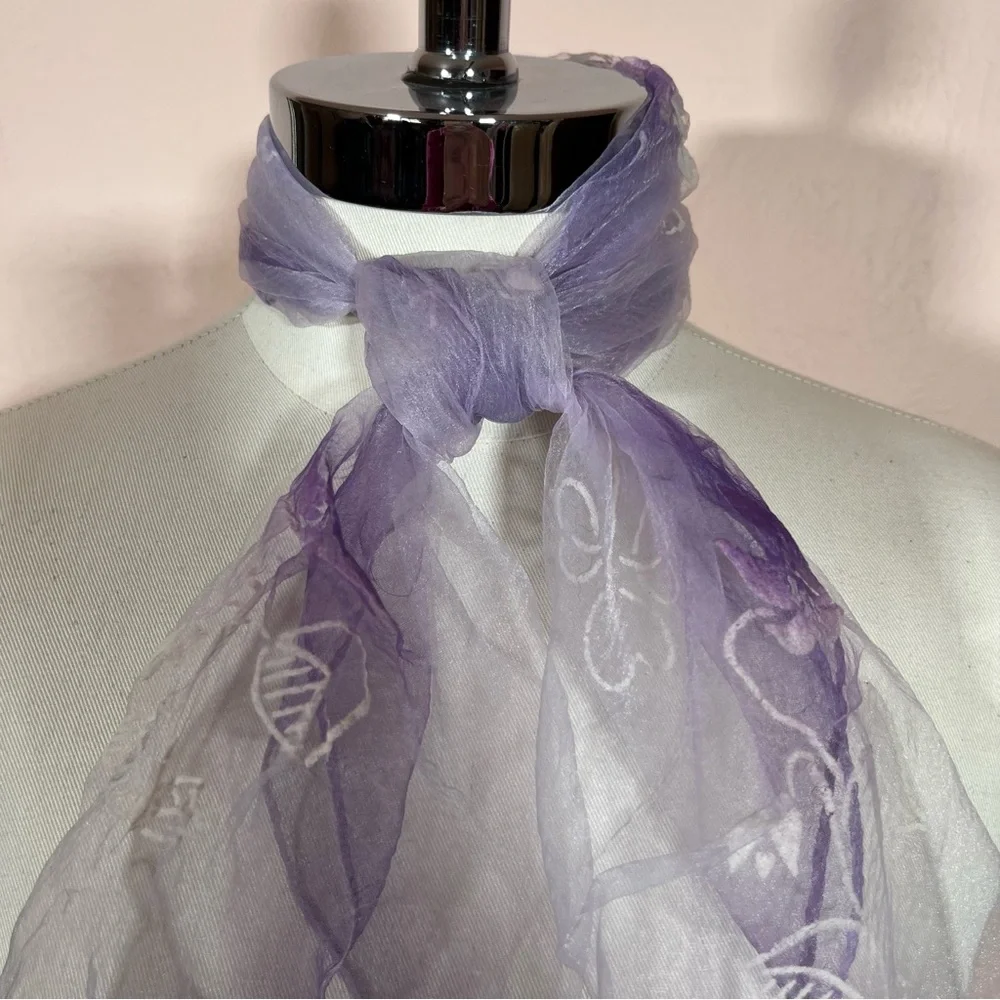 Vintage 1960 70’ semi sheer purple white flocked cottagecore floral Scarf